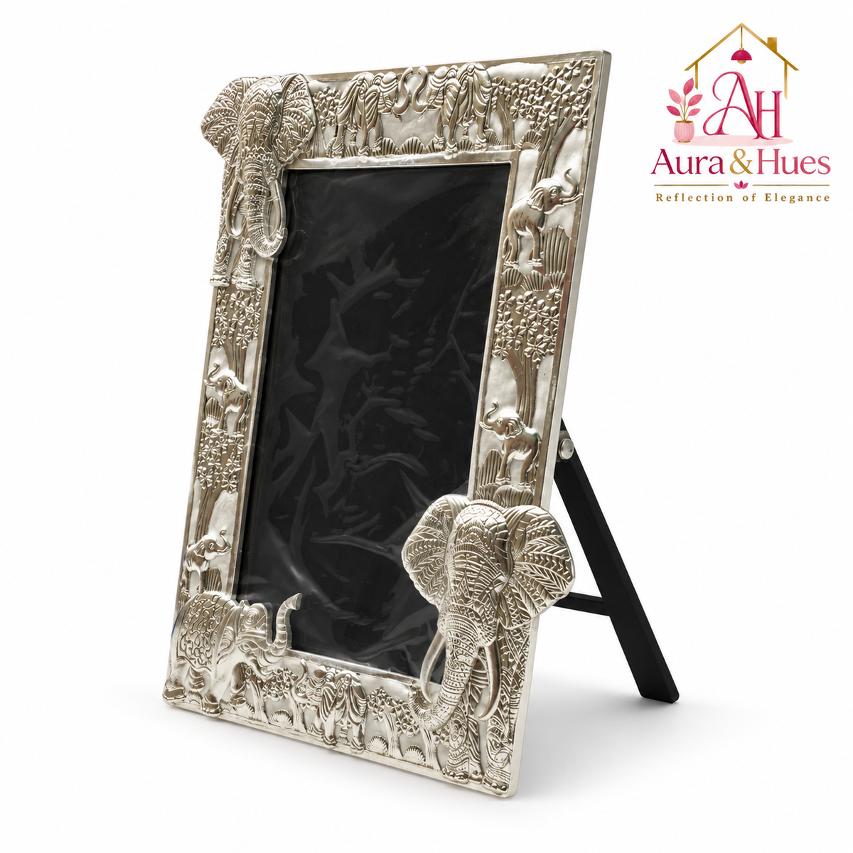 Aura & Hues Traditional Royal Elephant Handcrafted Wooden Photo Frame and Tabletop Desktop Art Decor - Pristine White Finish (17.7 x 22.8 cm)