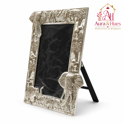 Aura & Hues Traditional Royal Elephant Handcrafted Wooden Photo Frame and Tabletop Desktop Art Decor - Pristine White Finish (17.7 x 22.8 cm)