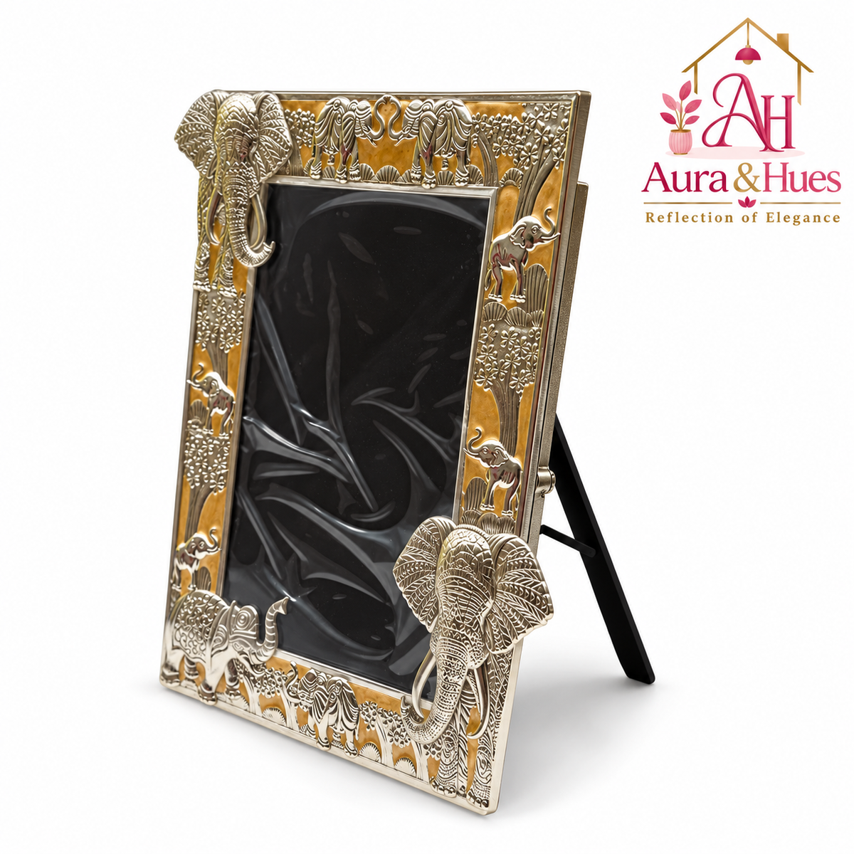 Aura & Hues Traditional Royal Elephant Handcrafted Wooden Photo Frame and Tabletop Desktop Art Decor - Festive Golden Yellow Finish (17.7 x 22.8 cm)