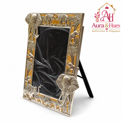 Aura & Hues Traditional Royal Elephant Handcrafted Wooden Photo Frame and Tabletop Desktop Art Decor - Festive Golden Yellow Finish (17.7 x 22.8 cm)