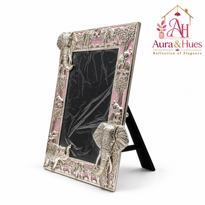 Aura & Hues Traditional Royal Elephant Handcrafted Wooden Photo Frame and Tabletop Desktop Art Decor - Charming Blush Pink Finish (17.7 x 22.8 cm)