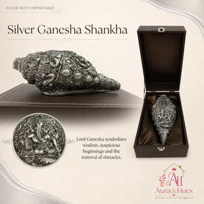 Sacred Divine Ganesha Shankh with Dark Brown Display Box - Silver