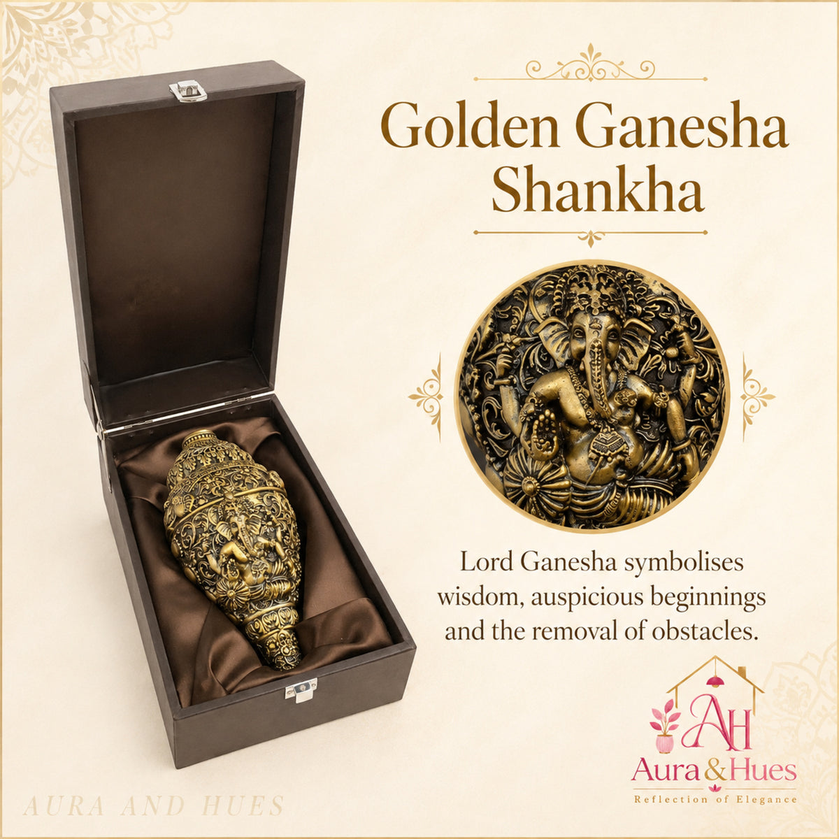 Sacred Divine Ganesha Shankh with Dark Brown Display Box - Antique Gold