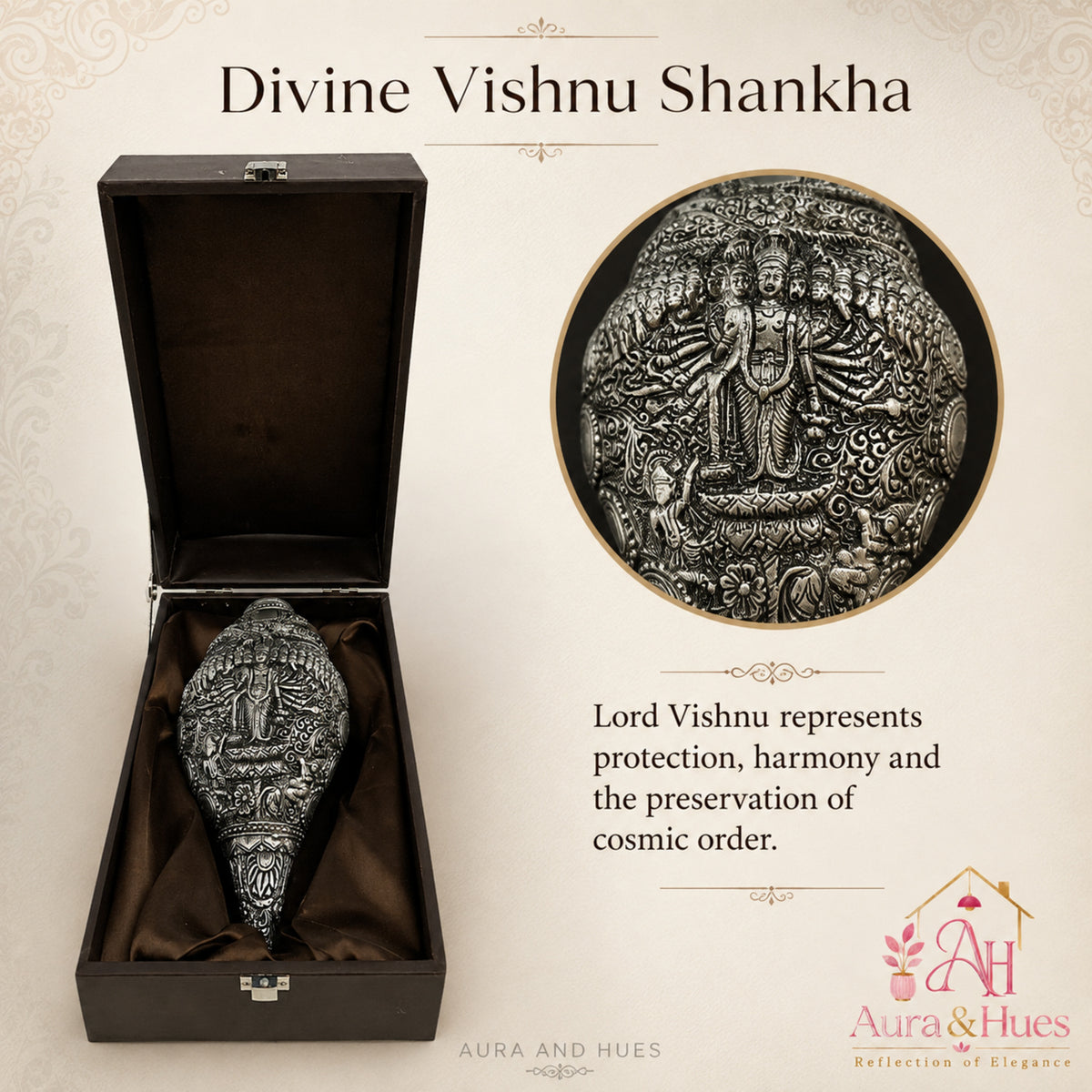 Sacred Divine Lord Vishnu Shankh with Dark Brown Display Box - Silver