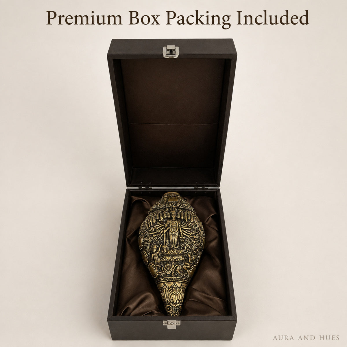 Sacred Lord Vishnu Shankh with Dark Brown Display Box - Antique Gold