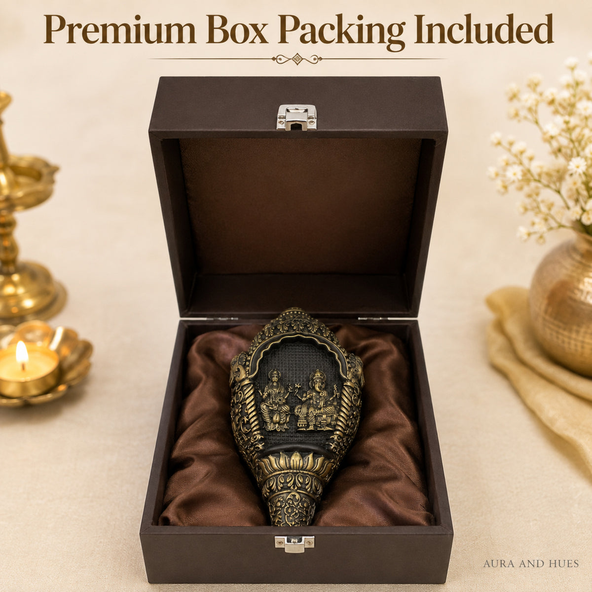 Lakshmi & Ganesha Shankh Duo with Dark Brown Box - Antique Gold