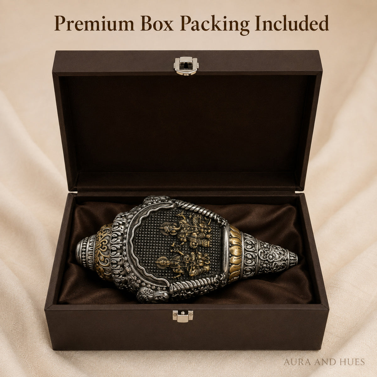 Divine Lakshmi & Ganesha Shankh Duo with Dark Brown Box - Silver & Gold