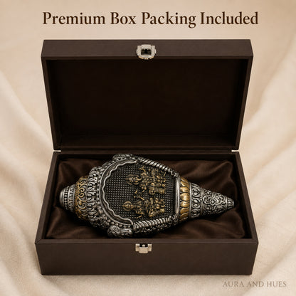 Divine Lakshmi & Ganesha Shankh Duo with Dark Brown Box - Silver & Gold