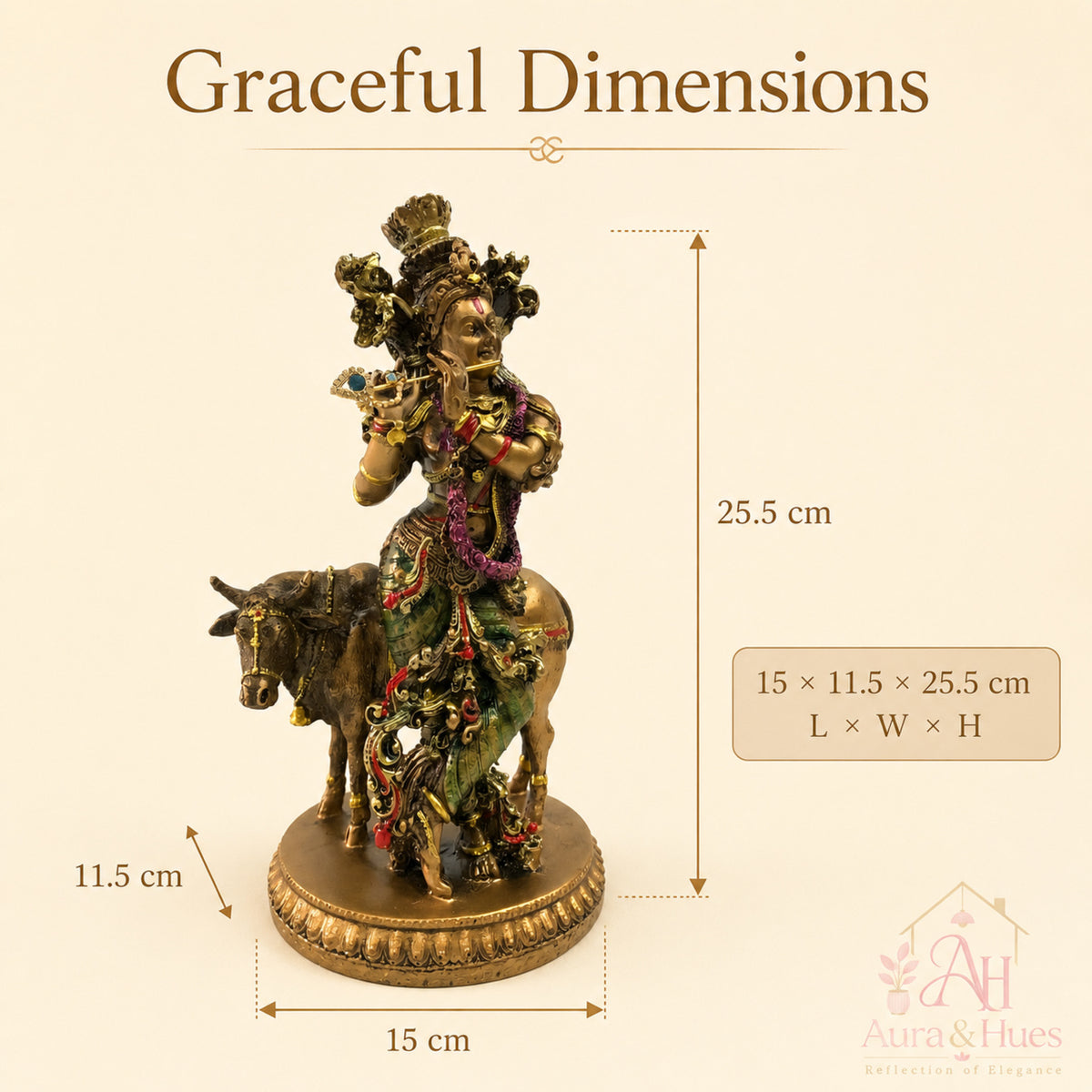 Sacred Lord Krishna with Sacred Kamadhenu Cow Idol - Antique Bronze & Multi-Tone