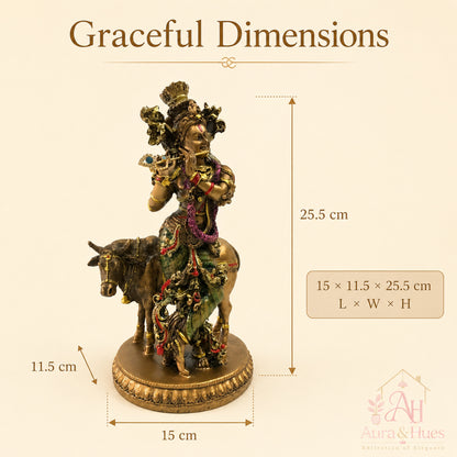 Sacred Lord Krishna with Sacred Kamadhenu Cow Idol - Antique Bronze & Multi-Tone