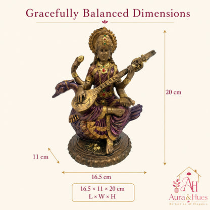Divine Goddess Saraswati Idol with Veena - Antique Bronze, Gold & Violet