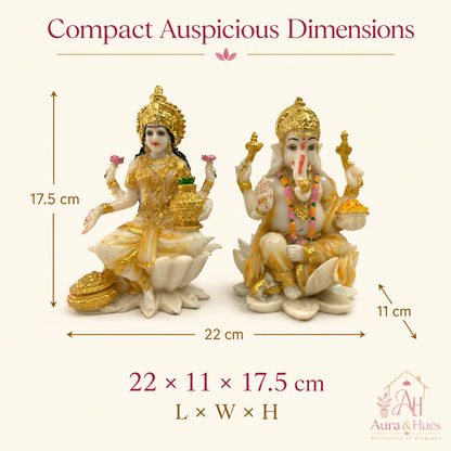 Auspicious Lakshmi Ji & Ganesha Ji Statues Set - Pristine White & Gold