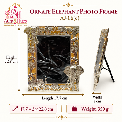 Aura & Hues Traditional Royal Elephant Handcrafted Wooden Photo Frame and Tabletop Desktop Art Decor - Festive Golden Yellow Finish (17.7 x 22.8 cm)