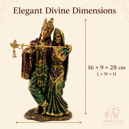 Ornate Divine Radha Krishna Statue - Antique Gold, Emerald Green & Maroon