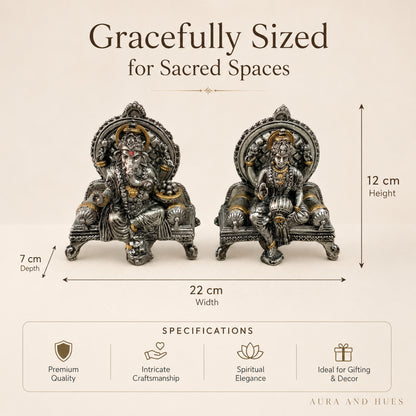 Divine Ganesha & Lakshmi Idol Set with Premium Box - Antique Silver