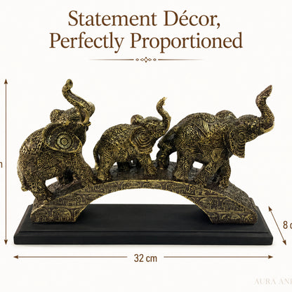 Trio of Lucky Feng Shui Elephants on Base - Antique Silver Bronze