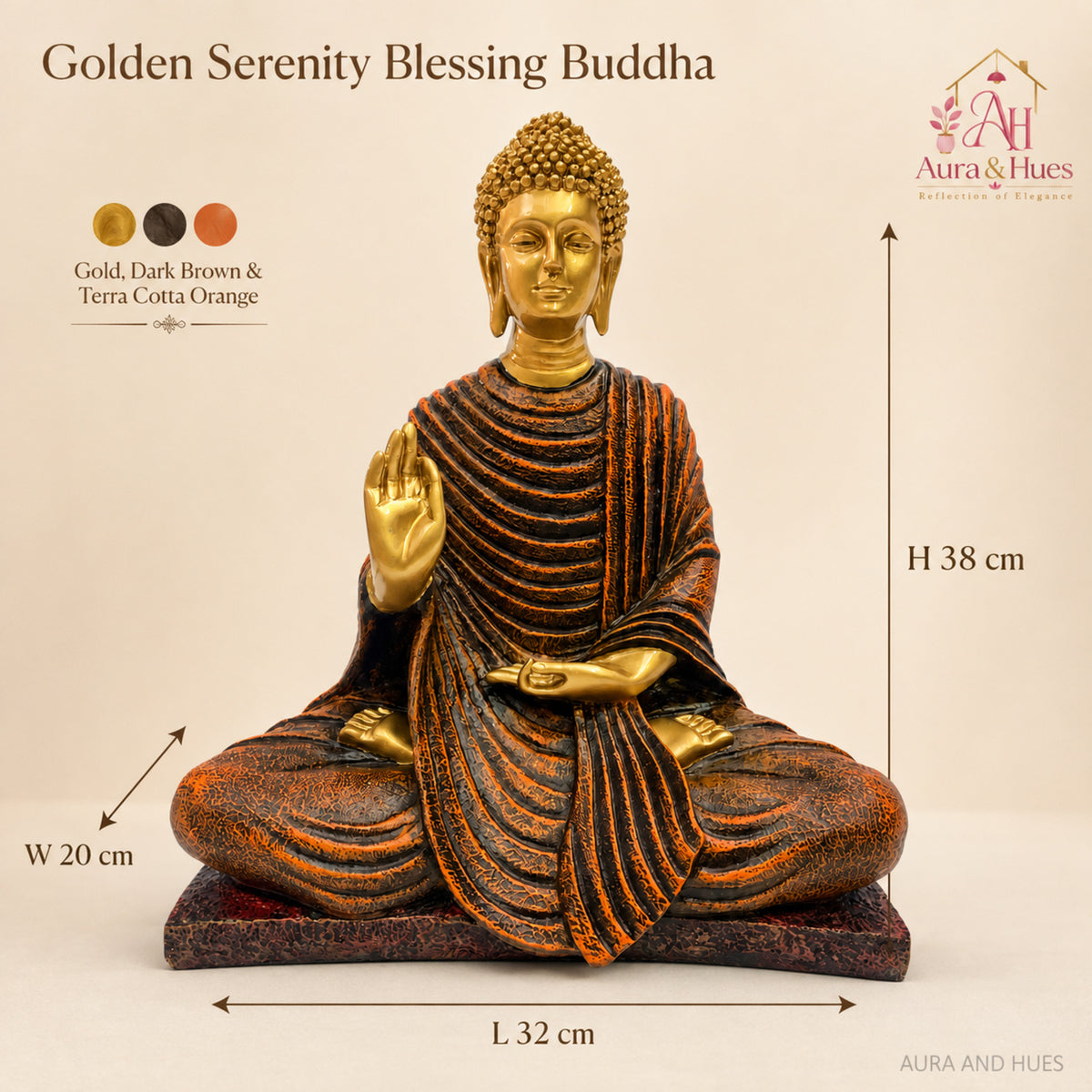 Serene Blessing Buddha Statue - Gold, Dark Brown & Terracotta