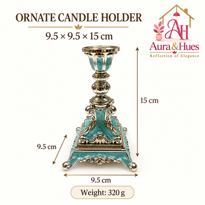 Aura & Hues Modern Geometric Square Pillar Candle Stand and Lantern Holder - Handcrafted Metal Centerpiece in Pastel Light Blue (9.5 x 15 cm)