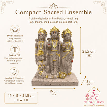 Sacred Stone-Finish Shri Ram Darbar Idol - Pinkish Beige & Gold