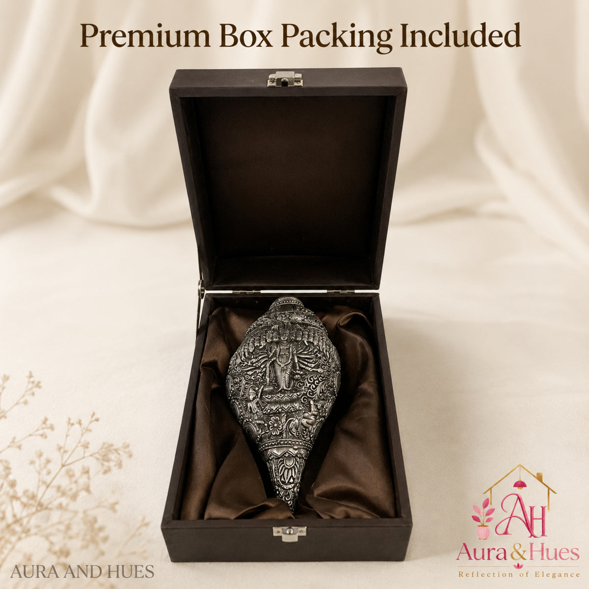 Sacred Divine Lord Vishnu Shankh with Dark Brown Display Box - Silver