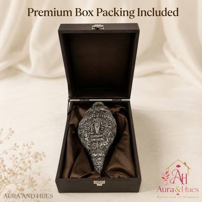 Sacred Divine Lord Vishnu Shankh with Dark Brown Display Box - Silver