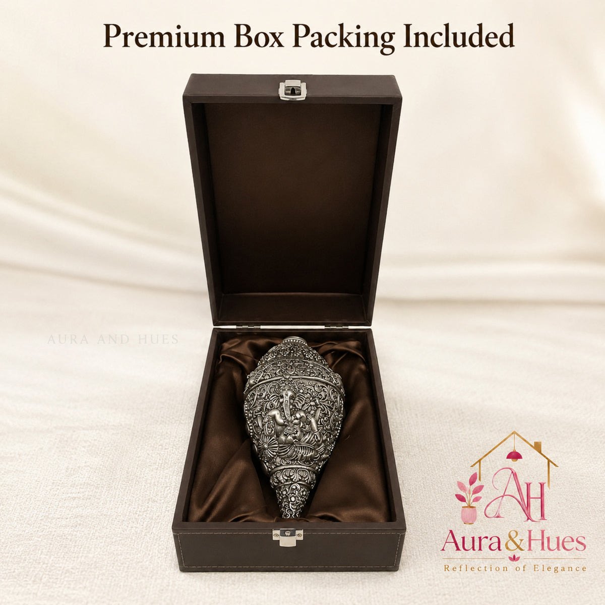 Sacred Divine Ganesha Shankh with Dark Brown Display Box - Silver