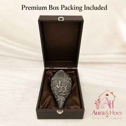 Sacred Divine Ganesha Shankh with Dark Brown Display Box - Silver