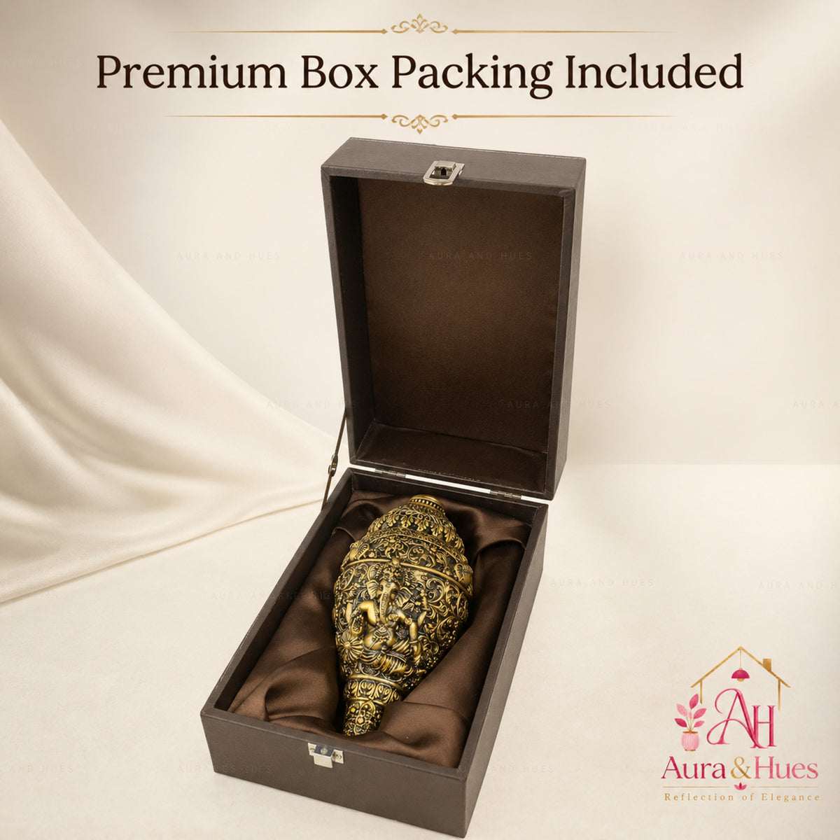 Sacred Divine Ganesha Shankh with Dark Brown Display Box - Antique Gold