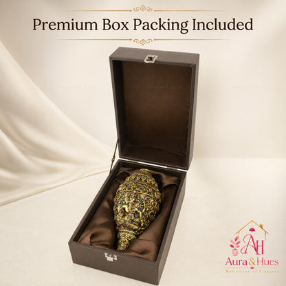 Sacred Divine Ganesha Shankh with Dark Brown Display Box - Antique Gold