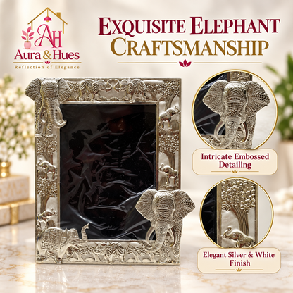 Aura & Hues Traditional Royal Elephant Handcrafted Wooden Photo Frame and Tabletop Desktop Art Decor - Pristine White Finish (17.7 x 22.8 cm)