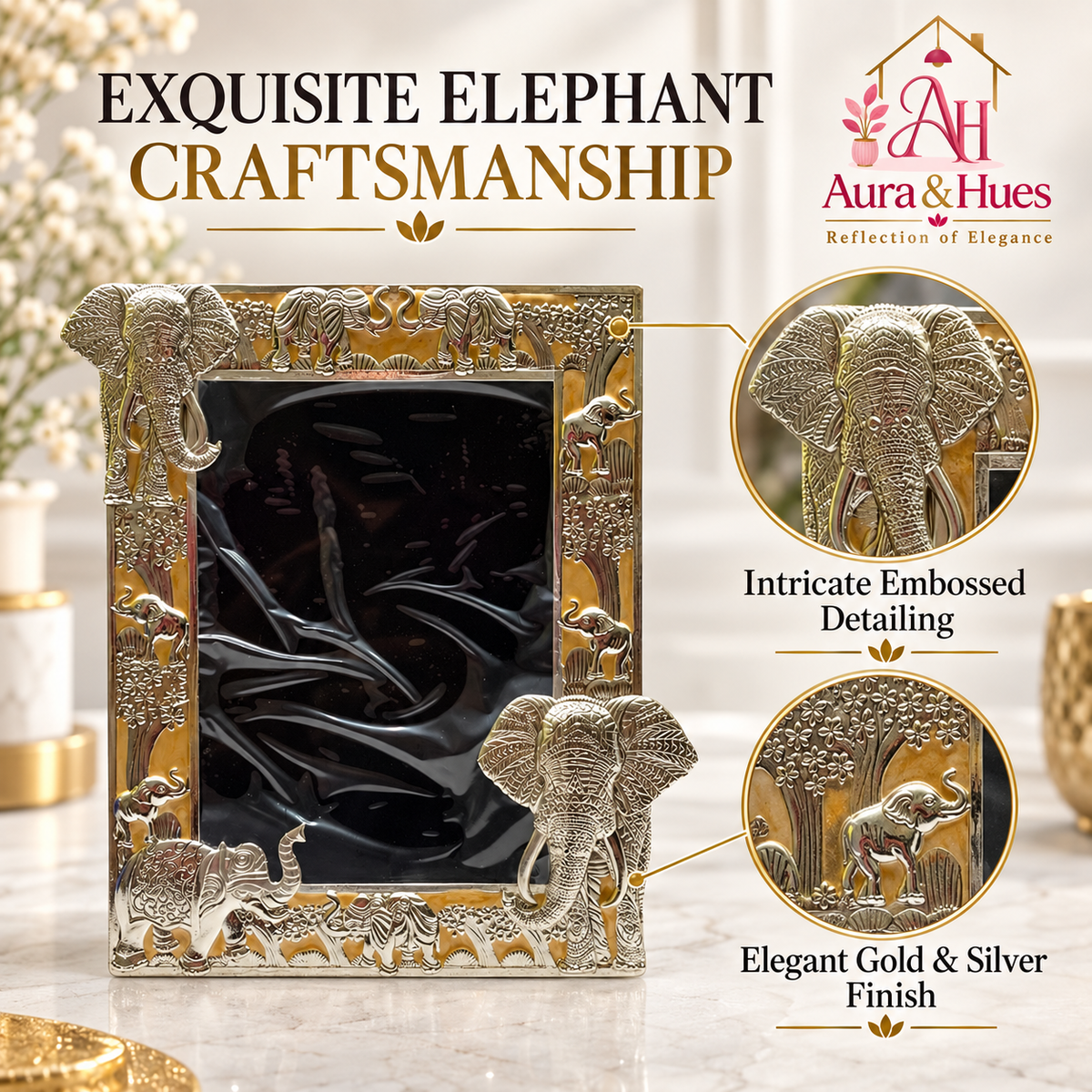 Aura & Hues Traditional Royal Elephant Handcrafted Wooden Photo Frame and Tabletop Desktop Art Decor - Festive Golden Yellow Finish (17.7 x 22.8 cm)