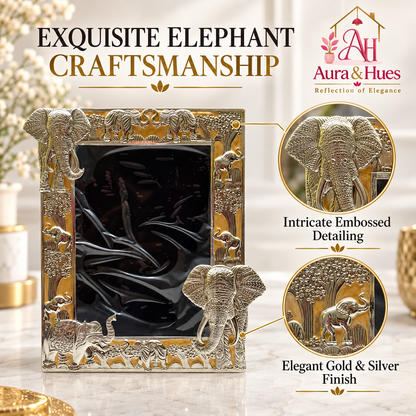Aura & Hues Traditional Royal Elephant Handcrafted Wooden Photo Frame and Tabletop Desktop Art Decor - Festive Golden Yellow Finish (17.7 x 22.8 cm)
