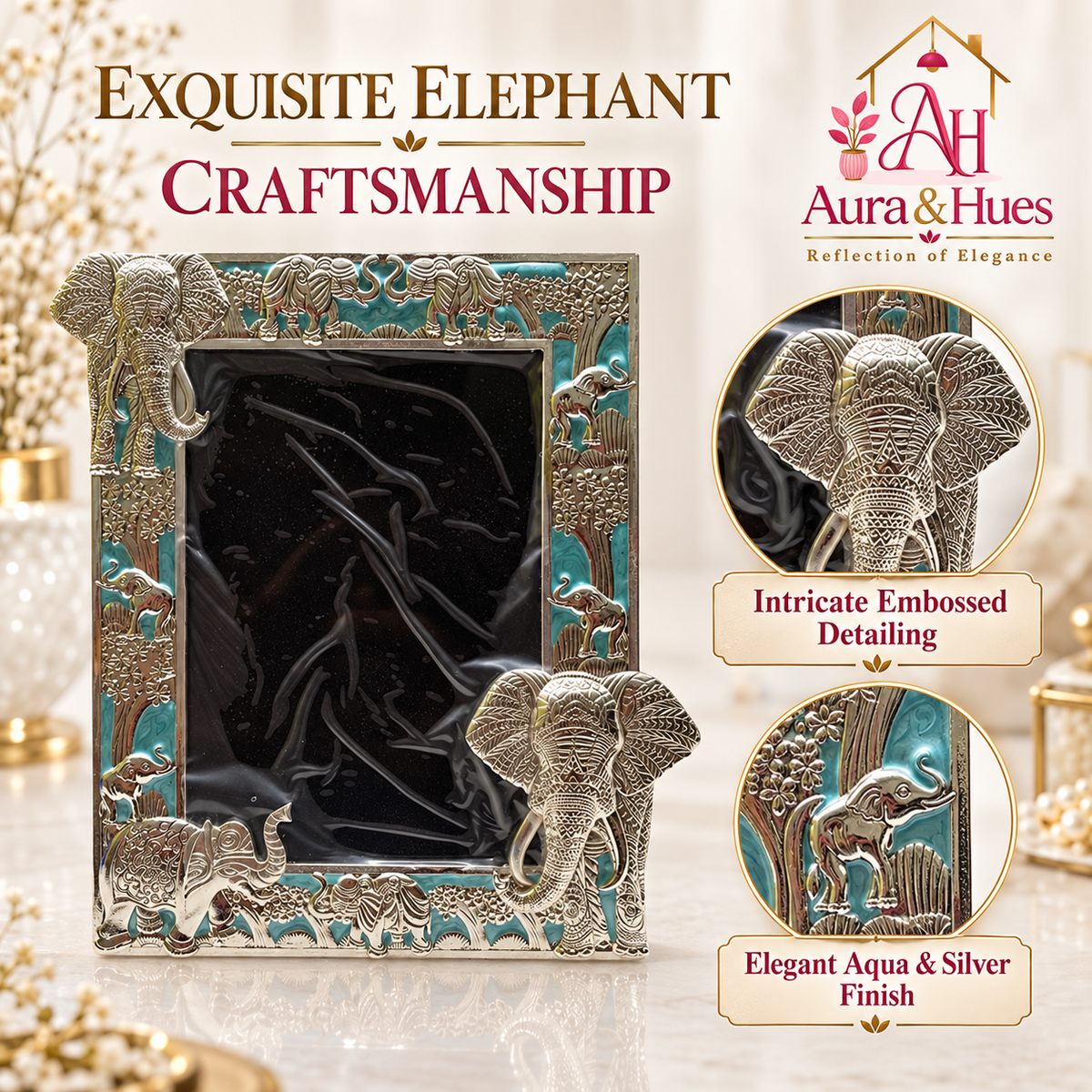 Aura & Hues Traditional Royal Elephant Handcrafted Wooden Photo Frame and Tabletop Desktop Art Decor - Vibrant Royal Blue Finish (17.7 x 22.8 cm)