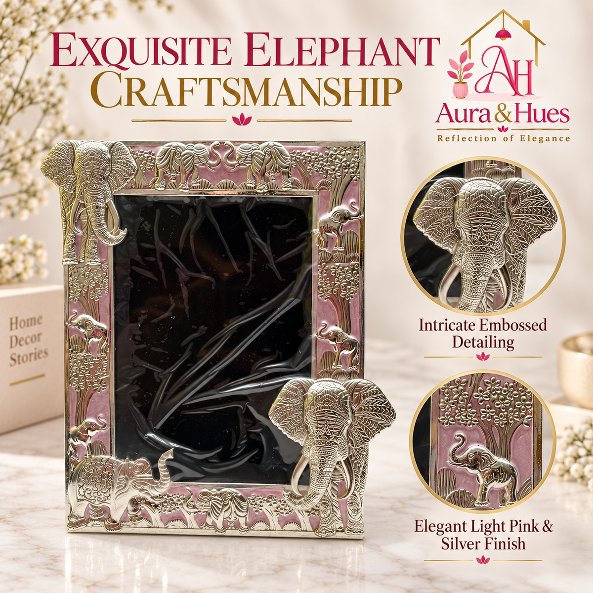 Aura & Hues Traditional Royal Elephant Handcrafted Wooden Photo Frame and Tabletop Desktop Art Decor - Charming Blush Pink Finish (17.7 x 22.8 cm)