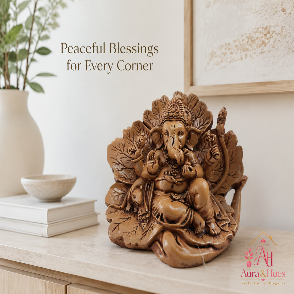 Artisanal Patta Ganesha Idol on Peepal Leaf - Matte Earthy Brown (Compact)