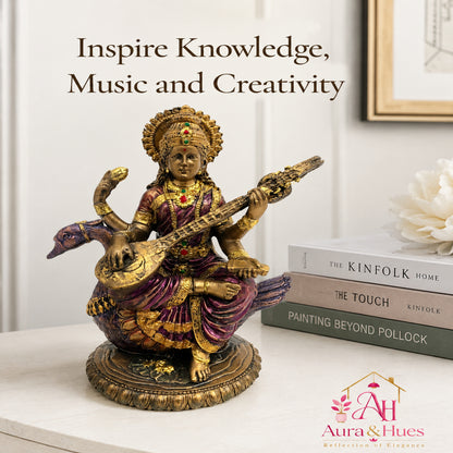 Divine Goddess Saraswati Idol with Veena - Antique Bronze, Gold & Violet