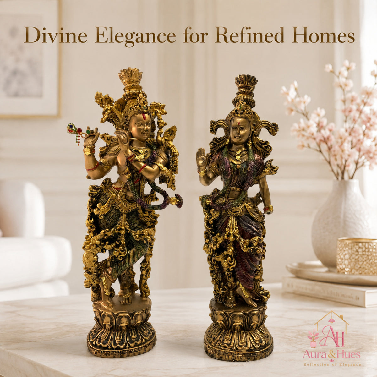 Divine Eternal Radha Krishna Statue - Antique Gold