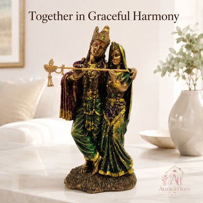 Ornate Divine Radha Krishna Statue - Antique Gold, Emerald Green & Maroon
