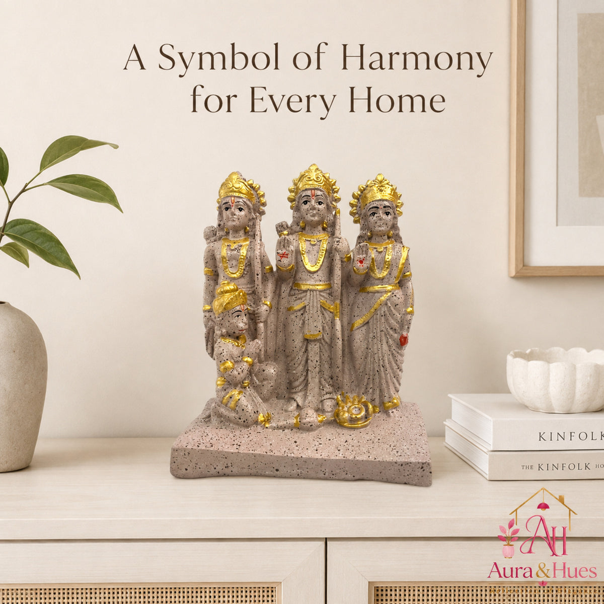 Sacred Stone-Finish Shri Ram Darbar Idol - Pinkish Beige & Gold