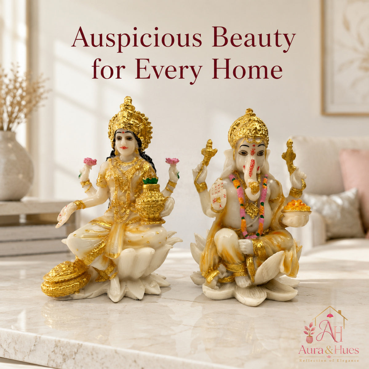 Auspicious Lakshmi Ji & Ganesha Ji Statues Set - Pristine White & Gold