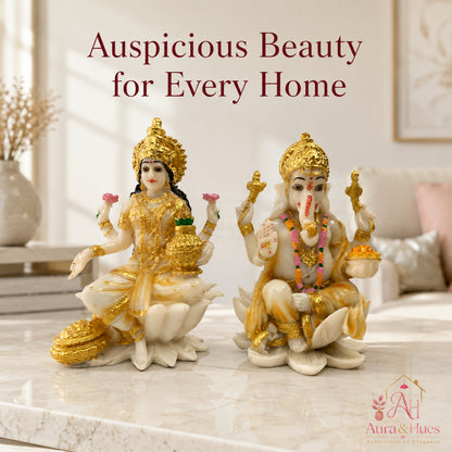 Auspicious Lakshmi Ji & Ganesha Ji Statues Set - Pristine White & Gold