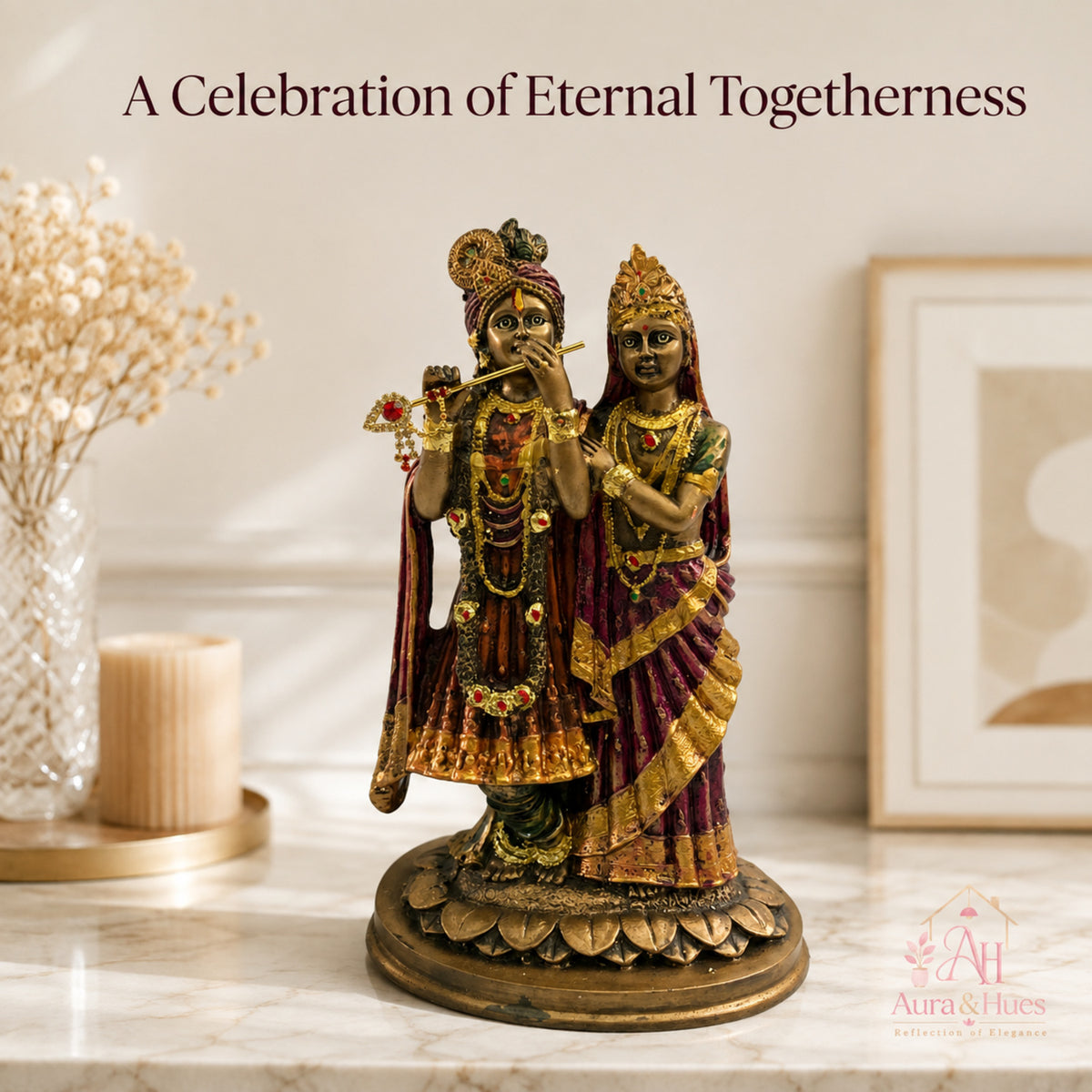 Divine Radha Krishna Embracing Idol - Antique Bronze, Gold & Maroon