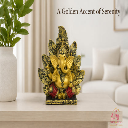 Artisanal Patta Ganesha Idol on Peepal Leaf - Antique Gold & Rich Maroon