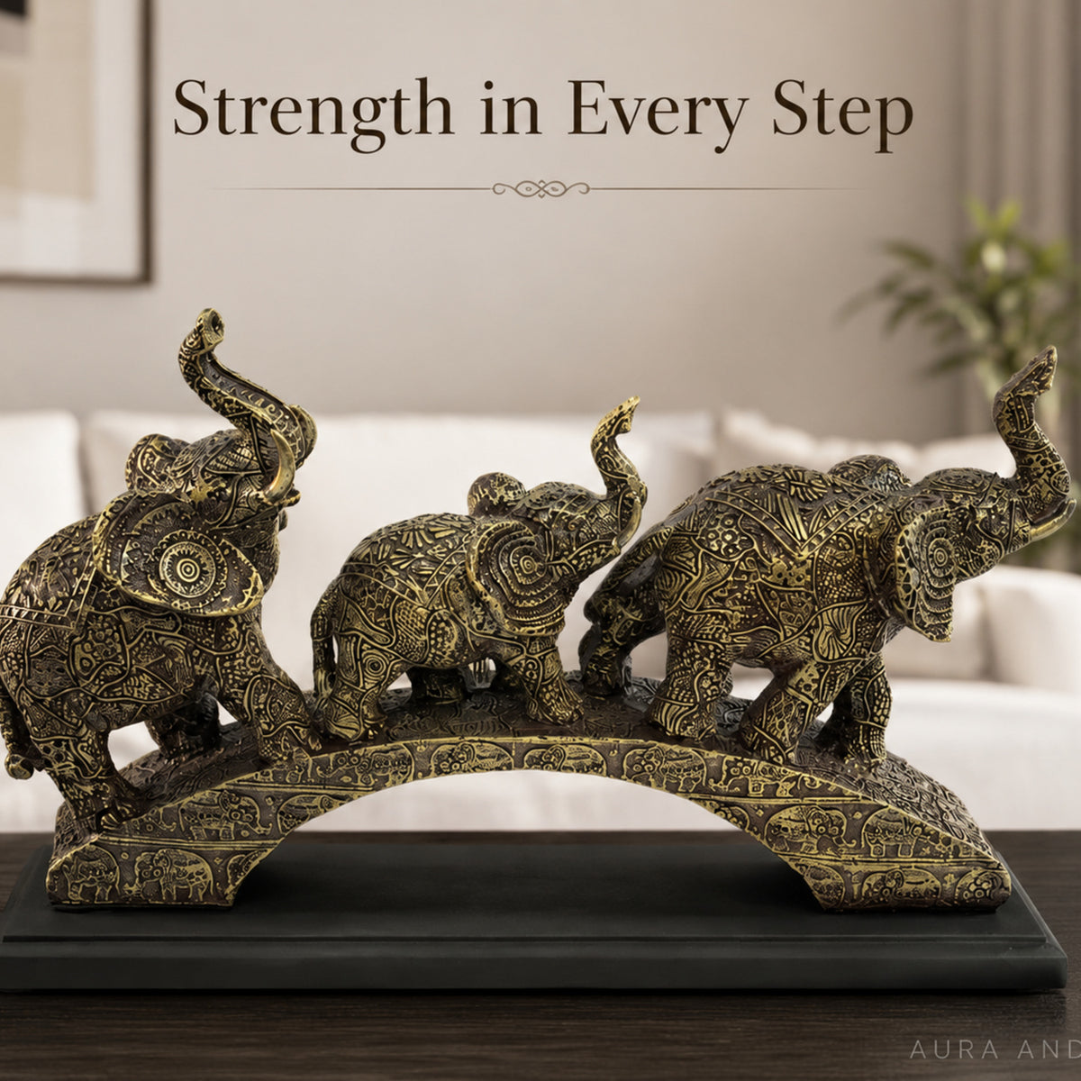 Trio of Lucky Feng Shui Elephants on Base - Antique Silver Bronze