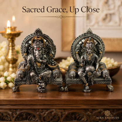 Divine Ganesha & Lakshmi Idol Set with Premium Box - Antique Silver