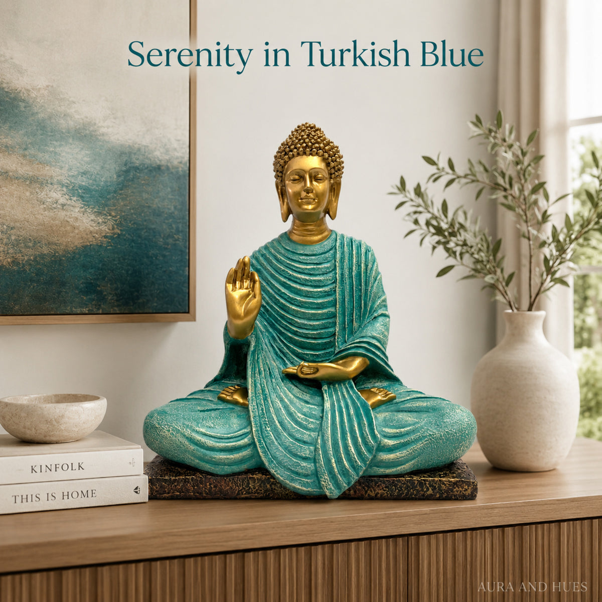 Serene Blessing Buddha Statue - Metallic Gold & Turkish Blue