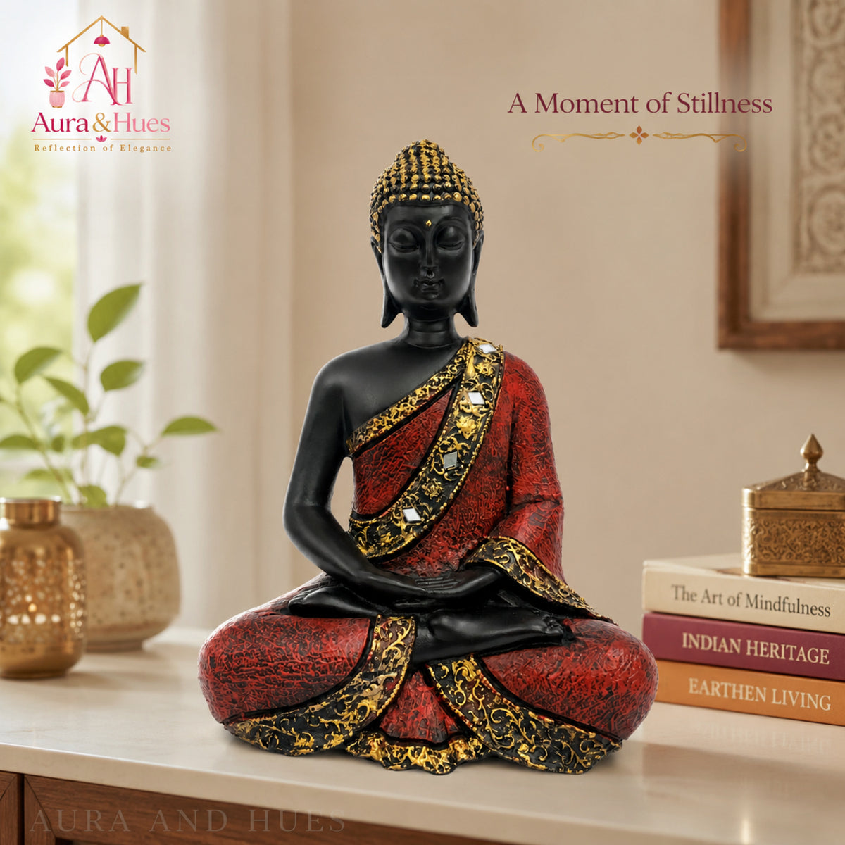 Contemplative Sitting Buddha Statue - Crimson Red & Black