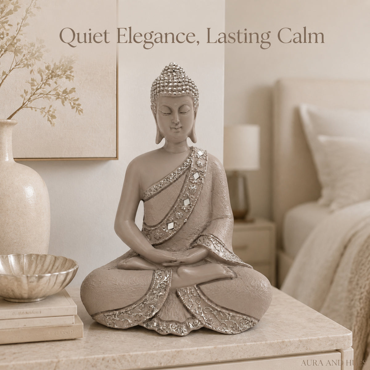 Contemplative Sitting Buddha Statue - Beige Gray