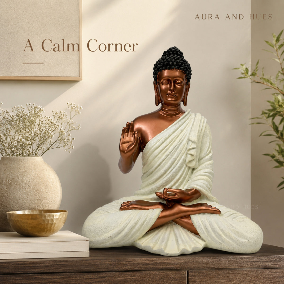 Meditating Dhyana Buddha Idol - Metallic Copper & Cream