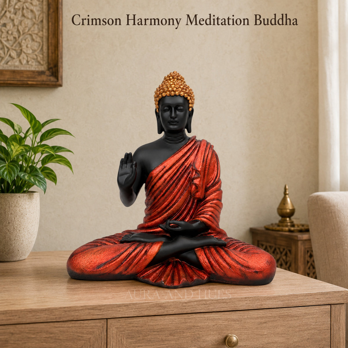 Meditating Dhyana Buddha Idol - Midnight Black & Orange